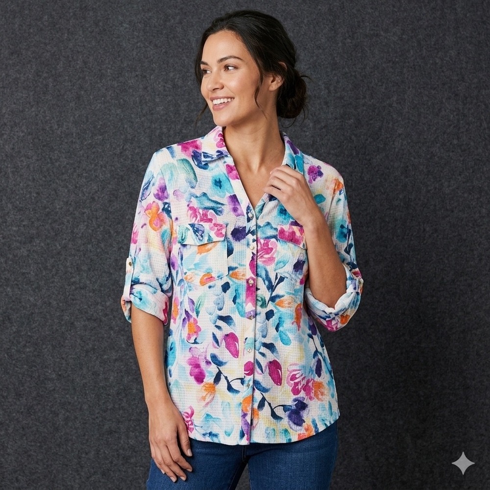 Cathy Daniels Womens Size Large Floral Blouse Roll Tab Sleeve Waffle Knit Top